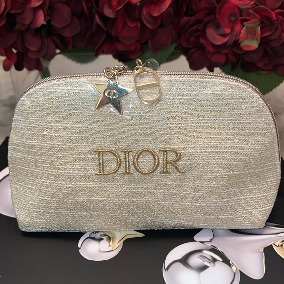 NIB DIOR Holiday 2024 Exclusive Gold Cosmetic Bag and j’adore bag charm bundle - Picture 3 of 7